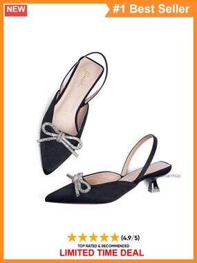 Slingback Kitten Heel Pointed Toe Rhinestone Bow Pumps